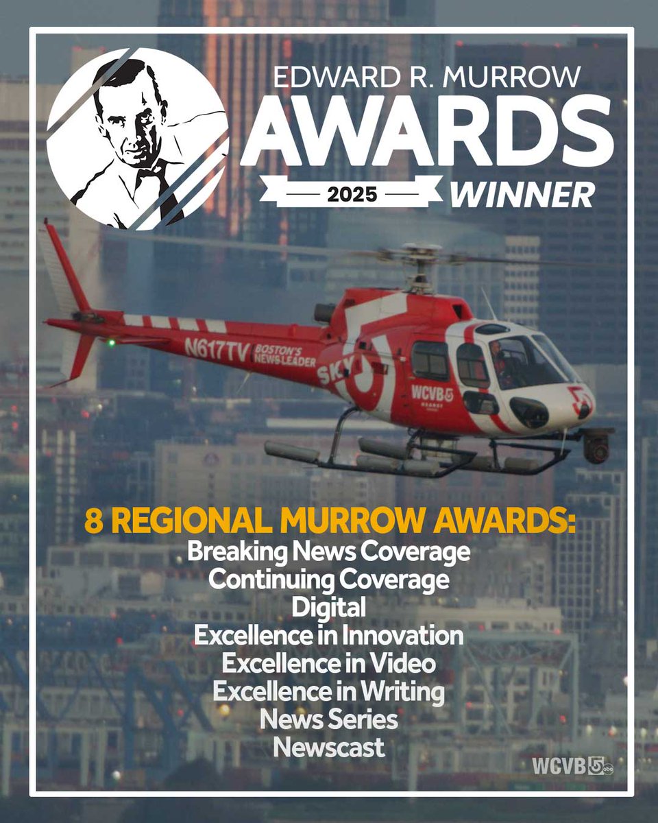 WCVB's tweet photo. It's a very proud day for all of us — We are so proud to receive 8 Regional Murrow Awards from the @RTDNA 😁 It's an honor to be Boston's News Leader https://t.co/wB7CYOtEFc https://t.co/UW38akFpNf