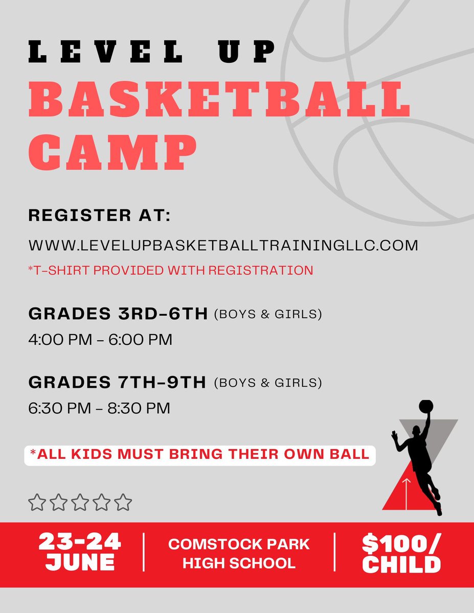 Today is the FINAL day to register for our Summer Camp! We are looking forward to seeing everyone in the gym in one month. 

Register now: ⬇️🏀 levelupbasketballtrainingllc.com/basketball-cam… 

📅 Camp Dates: June 23 &amp; 24
📍 Location: Comstock Park High School

#LevelUp #basketballcamp