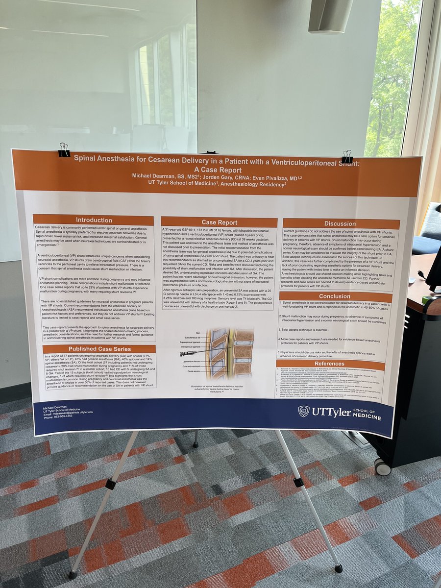uttyler_anes's tweet image. Two weeks ago we attended the 2025 @UTTylerSOM Research Day where a MS2, Michael, in conjunction with our faculty, presented a case about spinal anesthesia with a VP shunt. Look for us and our interesting cases and QI projects at upcoming @ASALifeline and @TSAPhysicians meetings!