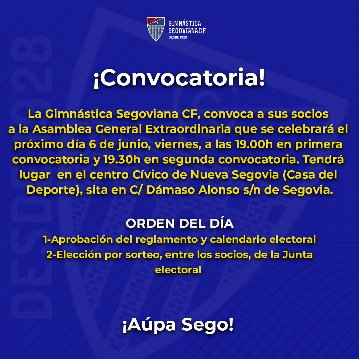 ☝🏻El club inicia el proceso electoral para elegir Junta Directiva. Se convoca a los socios a la Asamblea General Extraordinaria, que será el mismo día en el mismo sitio que la Asamblea Ordinaria pero unos minutos antes.
#AúpaSego🔴🔵