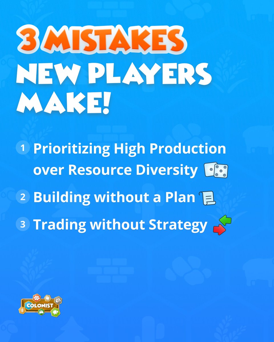 colonistio's tweet image. New to Colonist?

Here are 3 mistakes to avoid:
1️⃣ Chasing big rolls over balanced resources
2️⃣ Building without a plan
3️⃣ Trading with no strategy

Play smart, win more! 🎯
#Colonist #BoardGameTips