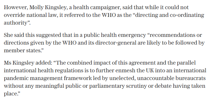UsForThemUK ๐ (@usforthemuk) on Twitter photo UK signs pandemic agreement with 'unaccountable bureaucrats' at WHO
Speaking to the <a href="/Telegraph/">The Telegraph</a>, UsForThem's co-founder Molly Kingsley warns that the WHO pandemic agreement is unlikely to be subject to "meaningful public or parliamentary scrutiny or debate" before ratification
1/3 UK signs pandemic agreement with 'unaccountable bureaucrats' at WHO
Speaking to the <a href="/Telegraph/">The Telegraph</a>, UsForThem's co-founder Molly Kingsley warns that the WHO pandemic agreement is unlikely to be subject to "meaningful public or parliamentary scrutiny or debate" before ratification
1/3