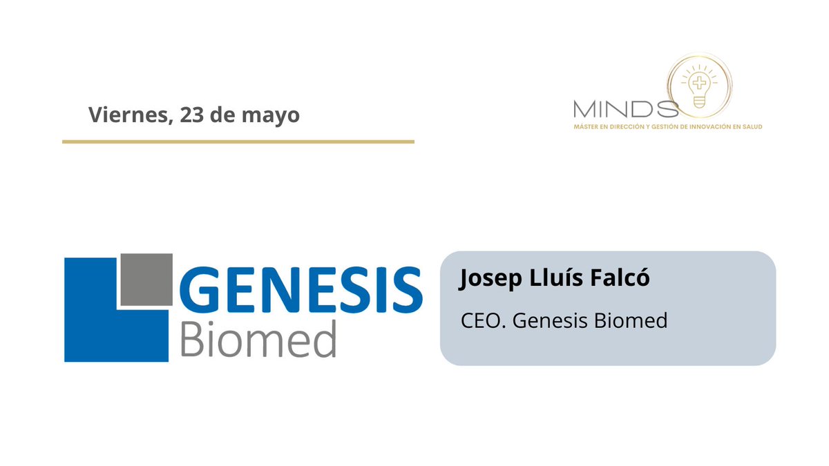 MINDS_Master (@minds_master_) on Twitter photo Hoy en MINDS
🗣️<a href="/Josep_Falco/">Josep Lluís Falcó</a> , CEO de <a href="/Genesis_Biomed/">GENESIS Biomed</a> , repasa los retos en las vías de comercialización de las spin-offs así como el marco legal vigente en España.
🔎 Presenta ejemplos reales de acuerdos de licencia Hoy en MINDS
🗣️<a href="/Josep_Falco/">Josep Lluís Falcó</a> , CEO de <a href="/Genesis_Biomed/">GENESIS Biomed</a> , repasa los retos en las vías de comercialización de las spin-offs así como el marco legal vigente en España.
🔎 Presenta ejemplos reales de acuerdos de licencia