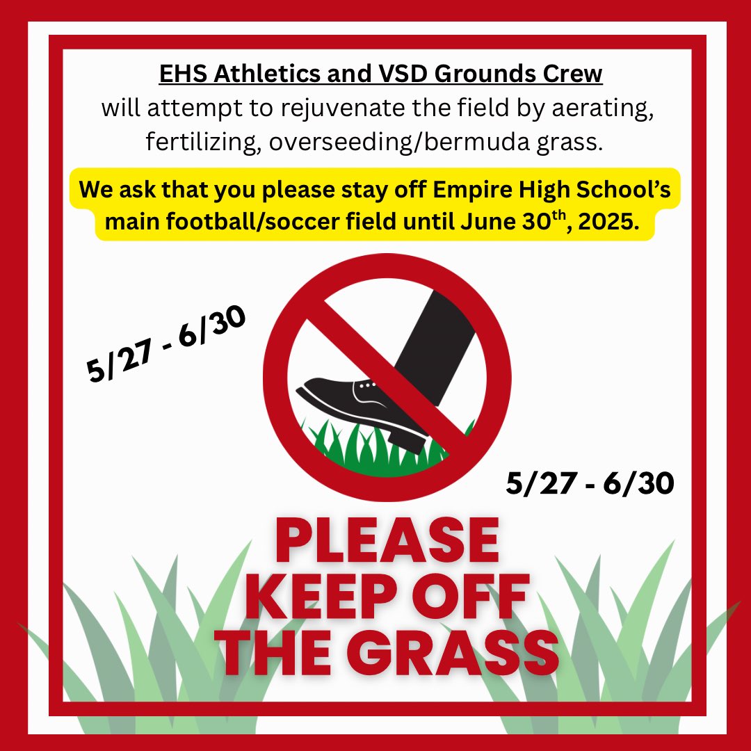 📢 we need your help‼️

We will be closing down our main football/soccer field for some much needed lawn care. 

🙏 We need people to please stay off the grass from 5/27/25 to 6/30/25. 

#EHSAthletics