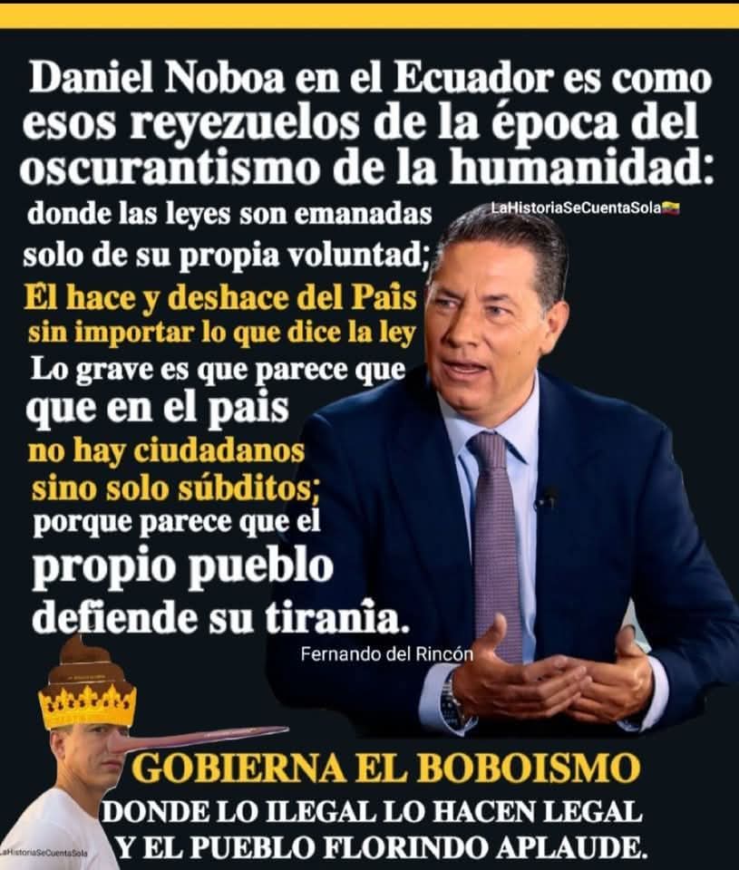RRueda_Ermel's tweet photo. 🆘EL PUEBLO ECUATORIANO A PERDIDO TODA DIGNIDAD, TIENE MENTALIDAD DE ESCLAVO🆘🆘
#Colonialismo 
Periodista de CNN #FernandoDelRincón, dice que, el traqueto #DanielNoboa, no tiene ética ni moral. Hace lo que le da la gana. Tiene súbditos que cumplen sus caprichos y berrinches. https://t.co/en2Jsu554M