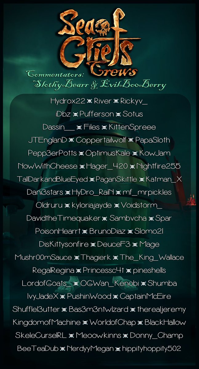 SlothyBearr 🔜 St. Jude Summit (@slothybearr) on Twitter photo 📣 Sea of Griefs Bingo Tournament TOMORROW!!
Sat. May 24th, 6pm-10pm
Here are the amazing crews participating! You will be able to support any boats campaign/amplify link & at the same time help/troll ANY of the crews on this list with your donations to <a href="/StJudePLAYLIVE/">St. Jude PLAY LIVE</a>! 🎉 📣 Sea of Griefs Bingo Tournament TOMORROW!!
Sat. May 24th, 6pm-10pm
Here are the amazing crews participating! You will be able to support any boats campaign/amplify link & at the same time help/troll ANY of the crews on this list with your donations to <a href="/StJudePLAYLIVE/">St. Jude PLAY LIVE</a>! 🎉