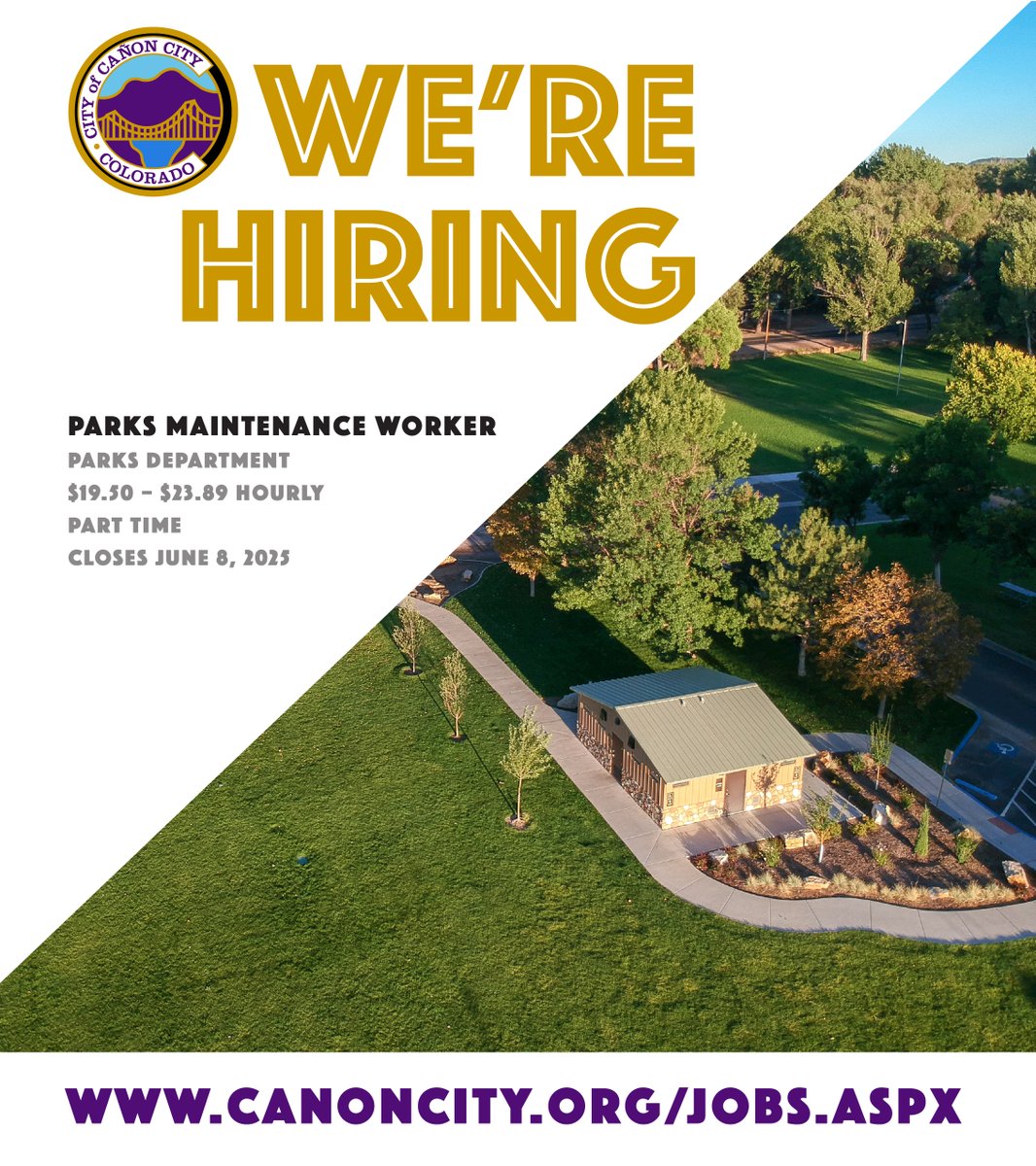 The City of Cañon City is accepting applications for a Parks Maintenance Worker position for the Parks Department. Part-time, $19.50 - $23.89 hourly. Closes Sunday, June 8, 2025 at midnight. Visit recruiting.paylocity.com/Recruiting/Job… to view the full job description and apply!