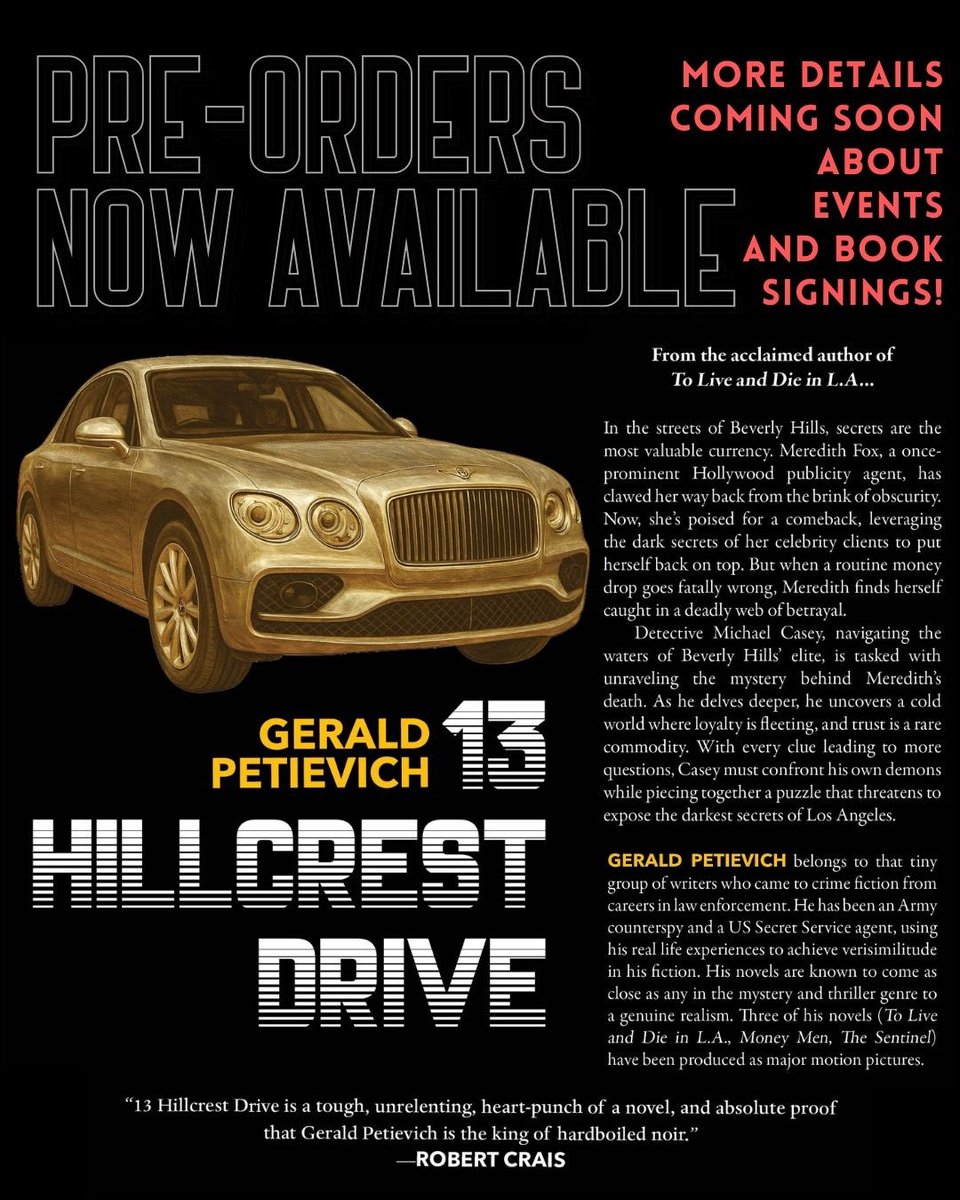 rarebirdlit's tweet photo. From the acclaimed author of To Live and Die in L.A. comes a brutal new noir that tears through Beverly Hills’ glamorous façade with bullet holes and betrayal.

In Gerald Petievich’s 13 Hillcrest Drive, secrets are the real currency—and they’re deadly.

https://t.co/LbyfUPSqN7 https://t.co/dWIfgSnZoZ