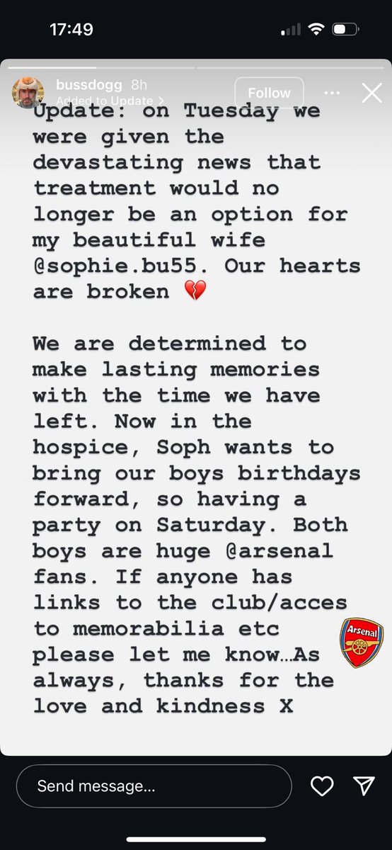 RHCleaves's tweet photo. Real long shot, but could any of you help a friend in an awful situation? @piersmorgan @DarrenBent @IanWright0 @Arsenal @andygoldstein05 @JackWilshere @aaronramsey https://t.co/GX41q6LkFy