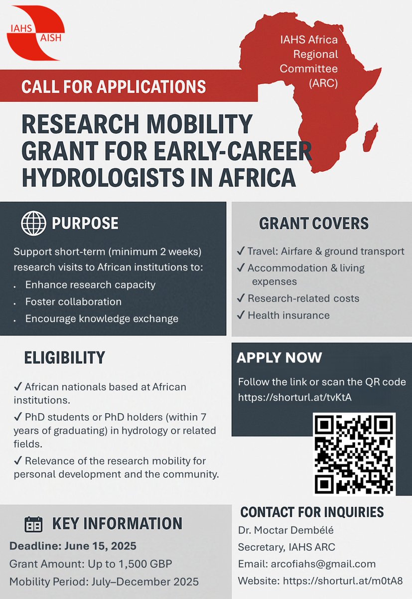 📢 Calling early-career hydrologists in Africa!
Apply for the IAHS ARC 2025 Research Mobility Grant – up to £1,500 for research visits across African institutions. Deadline: June 15, 2025
Apply 👉 shorturl.at/tvKtA
#Hydrology #IAHS #AfricaResearch #ECR