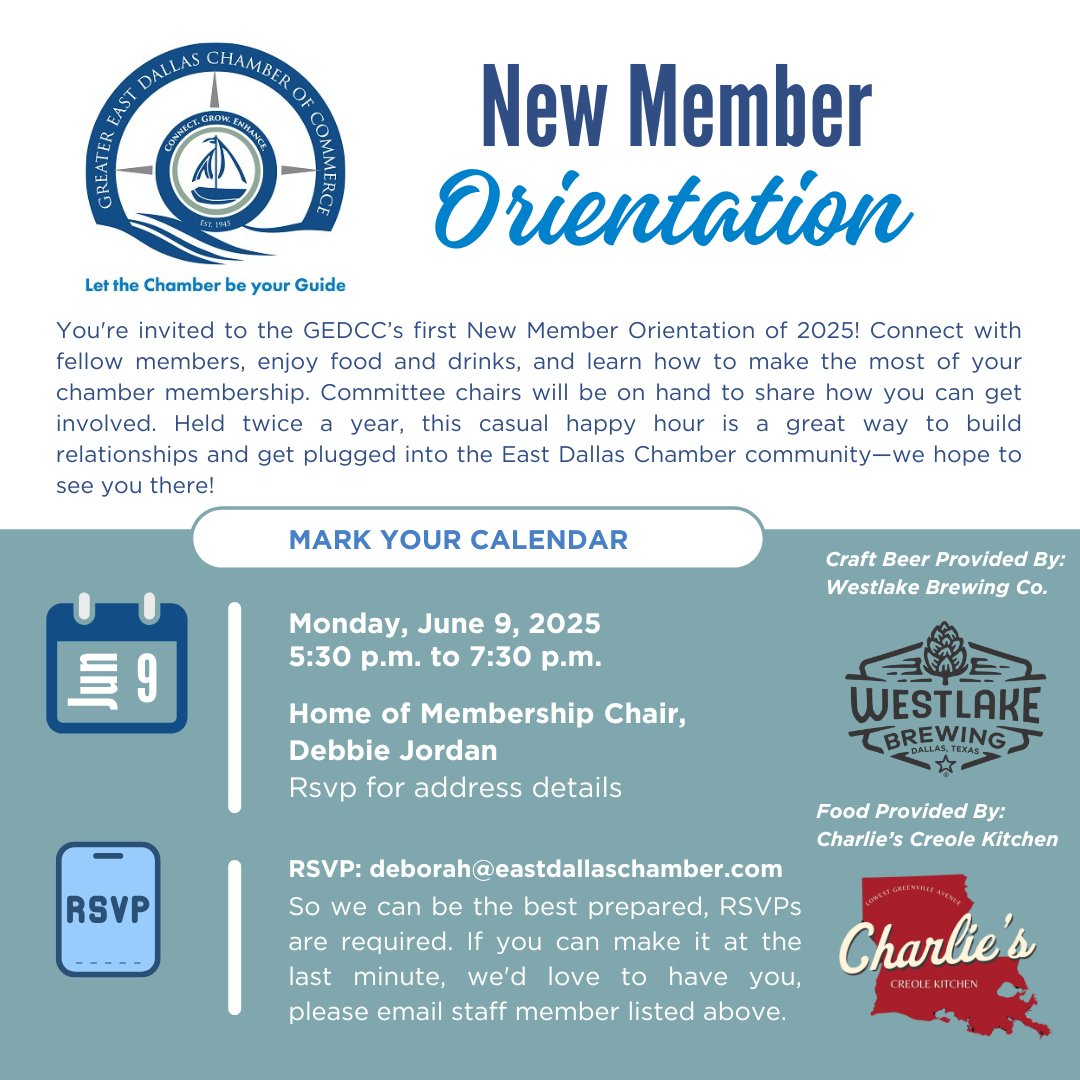 📷 Calling All 2025 New Members! 📷
You're invited to our GEDCC New Member Orientation — a fun and welcoming evening designed just for YOU!
📷 RSVP now to receive the event location: business.eastdallaschamber.com/.../OOFkMl1TaC…
Let’s grow East Dallas together!
#EastDallasChamber #GEDCC