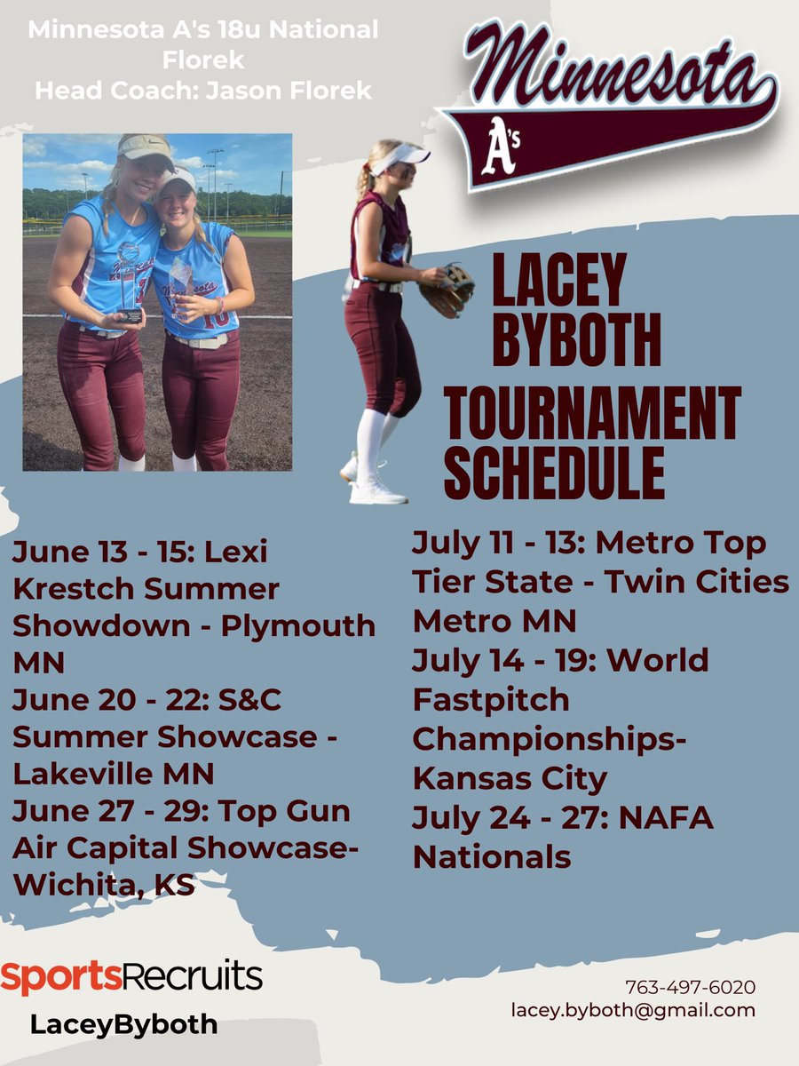 Lacey Byboth 2026 (@laceybyboth10) on Twitter photo Looking forward to a great summer! Here is my finalized tournament schedule.
<a href="/FrackAttack22/">Melissa Fracker</a> <a href="/lakewags34/">Lakyn Krizan</a> <a href="/coachsamkorn/">Sam Korn</a> <a href="/AliNowak4/">Ali Nowak</a> <a href="/CoachGregJones1/">Greg Jones</a> <a href="/rclick09/">Rachael Click</a> <a href="/wagner_nat/">Nathaniel Wagner</a> <a href="/CoachBrousek/">Carly Brousek</a> <a href="/coachbbouman/">Bailey Bouman</a> <a href="/ChoiceFastpitch/">Choice Fastpitch</a> Looking forward to a great summer! Here is my finalized tournament schedule.
<a href="/FrackAttack22/">Melissa Fracker</a> <a href="/lakewags34/">Lakyn Krizan</a> <a href="/coachsamkorn/">Sam Korn</a> <a href="/AliNowak4/">Ali Nowak</a> <a href="/CoachGregJones1/">Greg Jones</a> <a href="/rclick09/">Rachael Click</a> <a href="/wagner_nat/">Nathaniel Wagner</a> <a href="/CoachBrousek/">Carly Brousek</a> <a href="/coachbbouman/">Bailey Bouman</a> <a href="/ChoiceFastpitch/">Choice Fastpitch</a>