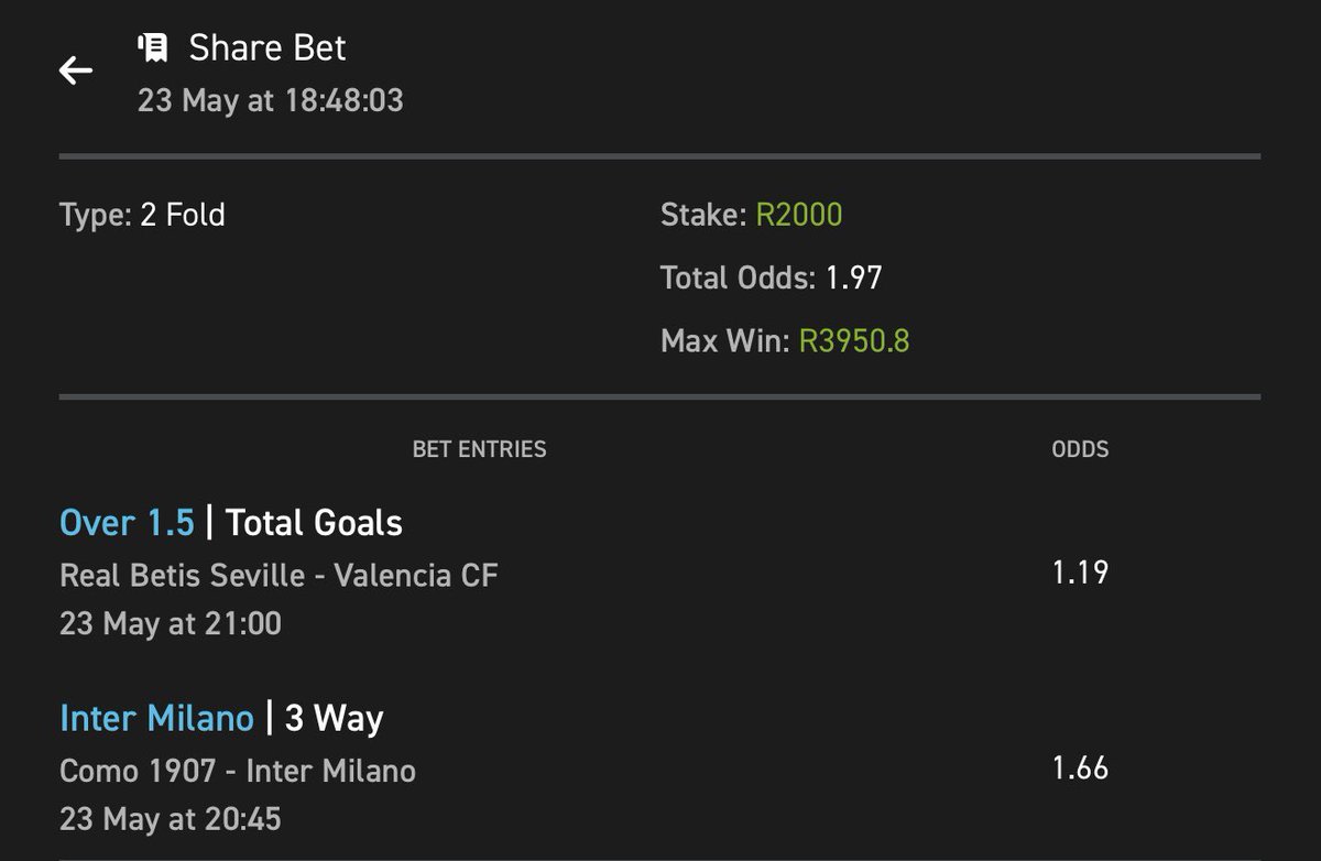 HOPE (@hopethesniper) on Twitter photo EASYBET🔥YOU DON’T WANNA MISS THIS ONE📝ABOUT 95% CHANCE🤝✨
⚡️2.00 ODDS
🧾 BETCODE : 03-237527
⏳ KICK-OFF @ 20:45
🔗BETSLIP LINK : easybet.co.za/sports?bookedB…
🪂Not yet on <a href="/Easybet_SA/">Easybet South Africa</a>? Kindly use the promo link & promo code below to join & GET a R50 sign up bonus 💛
🍯Promo EASYBET🔥YOU DON’T WANNA MISS THIS ONE📝ABOUT 95% CHANCE🤝✨
⚡️2.00 ODDS
🧾 BETCODE : 03-237527
⏳ KICK-OFF @ 20:45
🔗BETSLIP LINK : easybet.co.za/sports?bookedB…
🪂Not yet on <a href="/Easybet_SA/">Easybet South Africa</a>? Kindly use the promo link & promo code below to join & GET a R50 sign up bonus 💛
🍯Promo