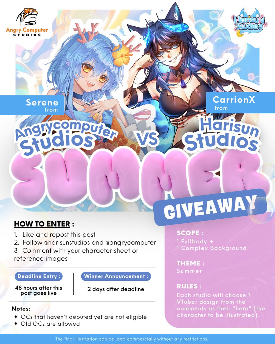 ✨Summer Giveaway✨

Harisun Studios vs AngryComputer Studios <a href="/angrycomputer43/">AngryComputer Studios</a> Giveaway for 1 fulbody + Complex BG each :3

We're in battle CarrionX vs Serene ✊

Enter now by like and repost this post, then follow both of us :3
Also upload your OC in the comment xD