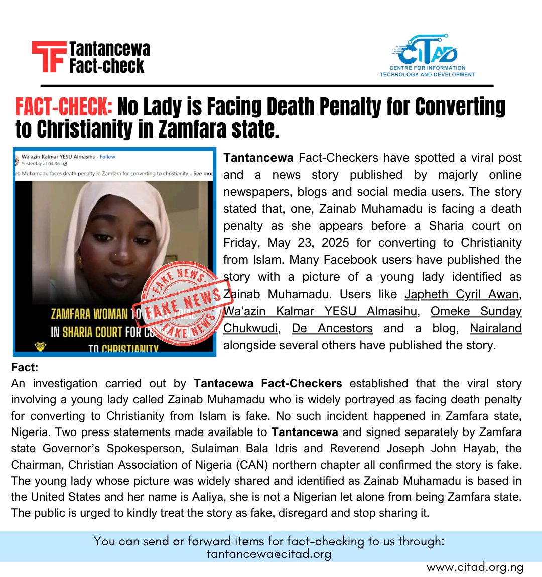 CITAD (@ictadvocates) on Twitter photo #FactCheck: several blogs and social media platforms have published the fake news that a young lady converted to Christianity in Zamfara state and is facing a death before a Sharia court in the state. Our checks found that is fake news <a href="/daudalawal_/">Dauda Lawal</a> <a href="/ZamfaraTweets/">#ZamfaraXConnect 🇳🇬</a> <a href="/Zamfara_state/">Zamfara State Government</a> #FactCheck: several blogs and social media platforms have published the fake news that a young lady converted to Christianity in Zamfara state and is facing a death before a Sharia court in the state. Our checks found that is fake news <a href="/daudalawal_/">Dauda Lawal</a> <a href="/ZamfaraTweets/">#ZamfaraXConnect 🇳🇬</a> <a href="/Zamfara_state/">Zamfara State Government</a>