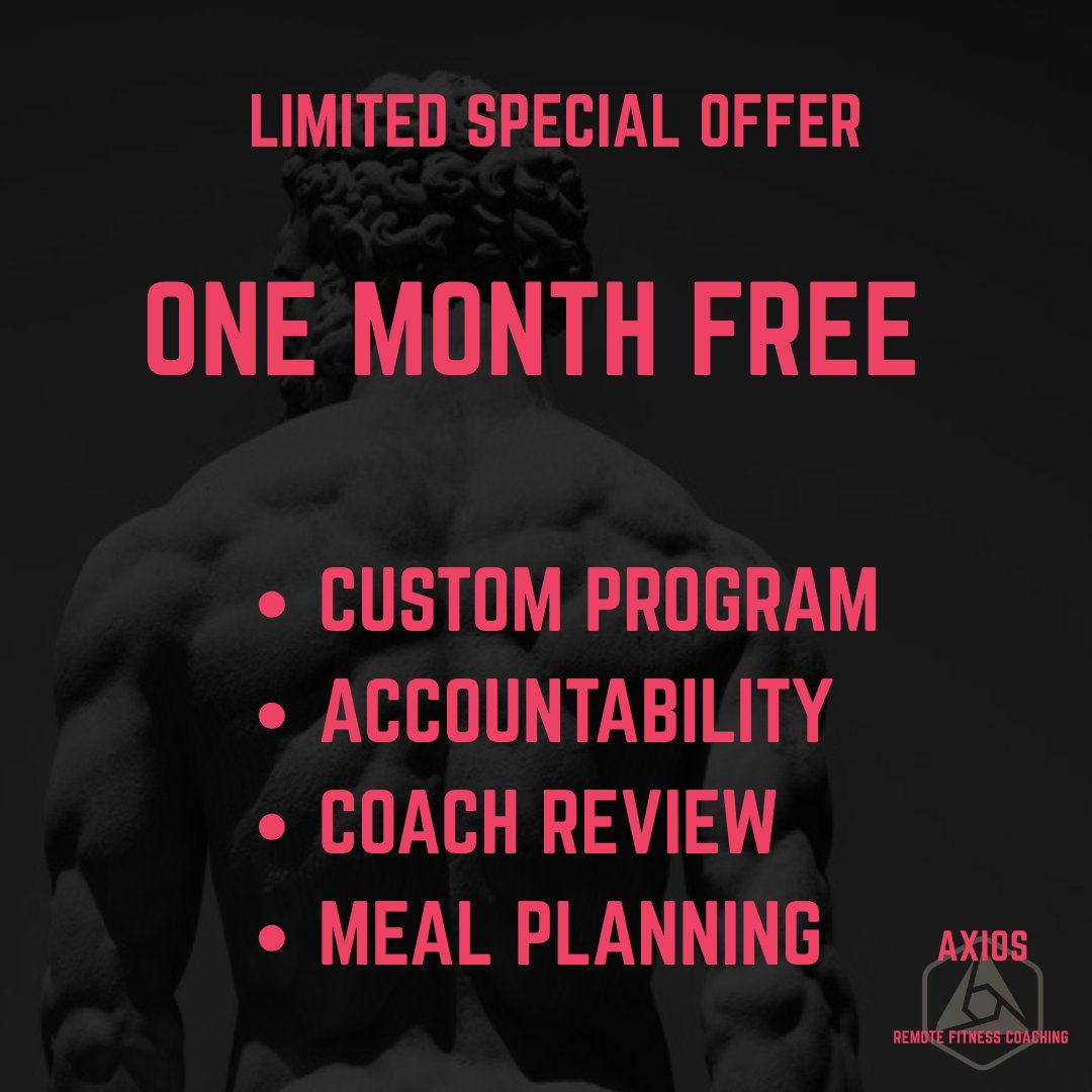 Axios_Coaching's tweet photo. SPECIAL OFFER:

This June, we are offering a free month of custom programming / accountability coaching. 

Take advantage and start investing in your health.

Spots are limited.

Use the link below to sign-up / register with a coach. https://t.co/WVi2uDiQBf