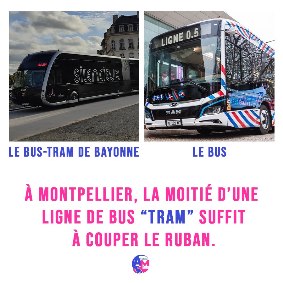 ➡️ Une promesse : 5 lignes de bus-tram.

Livré : un bus, une demi ligne et beaucoup de com.

Chez nous, la moitié suffit à couper le ruban.

🎨 À Montpellier il suffit de changer la peinture pour inaugurer un bus en bus tram … #Montpellier #Bus #BusTram
