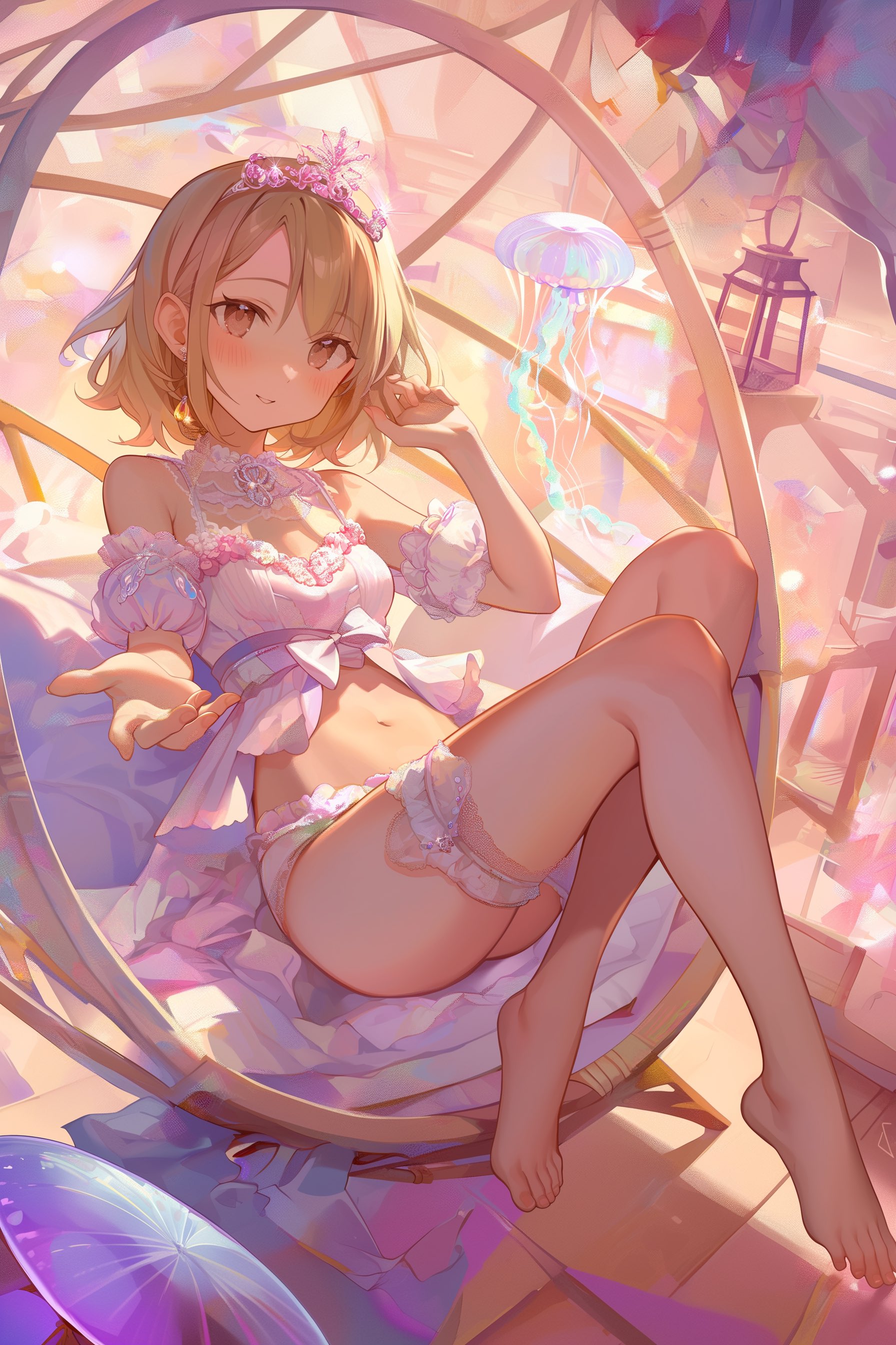 Kawaii Japanese anime illustration, delicate clean line-art, dreamy pastel twilight palette,;;, young woman with luminous fair skin, chestnut side-swept curls, pearl diadem and iridescent coral-spike ribbon, warm amber eyes, gentle smile,;;, lavender-to-peach ombré babydoll dress with pearl-shell cups, sheer organza puff sleeves, iridescent bow, satin thigh ribbons,;;, seated sideways in a white rattan egg chair, knees folded left, torso turned toward camera, right hand brushing hair, left hand extending a softly glowing coral wand, toes pointed,;;, 35 mm lens low-angle portrait, upward tilt +8 °, dynamic perspective, creamy background bokeh,;;, golden-ratio curve sweeping from wand tip through arms to face, elegant C-curve silhouette,;;, shimmering coral-teal sequin drapes, floating jellyfish lantern on right, bioluminescent coral magic circle on floor,;;, twilight ocean glow, airy translucence, warm-cool pastel interplay, serene magical fantasy ambience
