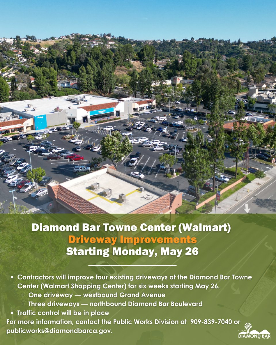 🚧 Contractors will improve four existing driveways at the Diamond Bar Towne Center (Walmart Shopping Center) for six weeks starting Monday, May 26.
 
Improvements will be made to one driveway on westbound Grand Avenue and three on northbound Diamond Bar Boulevard. 

Traffic