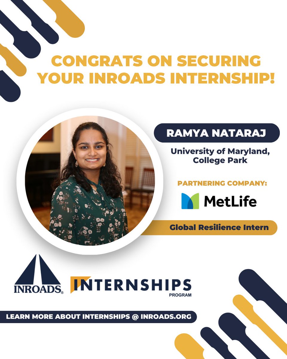 🎉 Congrats, Ramaya, on securing your internship with <a href="/MetLife/">MetLife</a> as a Global Resilience Intern!

INROADS continuously seeks partnership opportunities to support students' career journeys.

Learn more ➡️ inroads.org/partner/

#INROADSintern #INROADS #jobopportunities #nonprofit