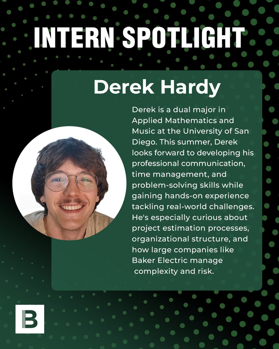 Sumer Intern Spotlight 

We’re excited to welcome Derek Hardy to our Summer Internship Program! D
#SummerInternship #InternSpotlight #AppliedMathematics #USD #EngineeringTalent #WelcomeAboard #TeamBaker #InternLife
