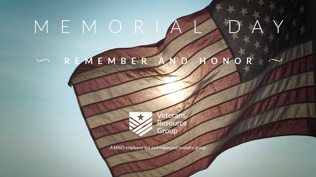 MISO offices will be closed on Monday in observance of Memorial Day. 

We invite you to read our latest MISO Matters blog post as we pause to reflect, remember and honor the brave men and women who gave their lives in service to our country: ow.ly/8CVM50VXXUQ
#MemorialDay