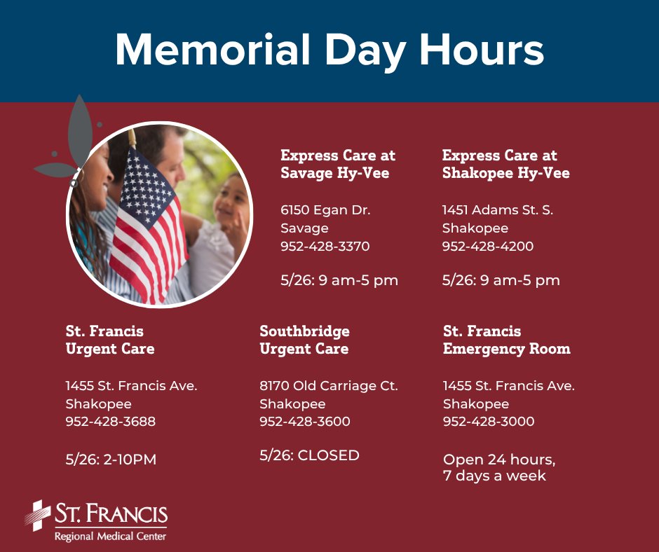 Your health care needs don't take a holiday, so at least one of our locations is open on Memorial Day!

#MemorialDay