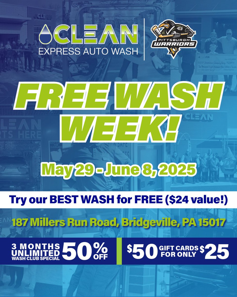 Clean Express Auto Wash (@cleanautowash) on Twitter photo 🫧 FREE Wash Week Time! 🫧
Get our top wash FREE ($24 value) May 29–June 8 at 187 Millers Run Rd, Bridgeville, PA!
🎀 Ribbon Cutting: May 29 @ 11 AM
🎉 Giveaways, tours & more
💥 50% OFF 3 mo. Unlimited Wash Club
💥 $10 to <a href="/PGHWarriors/">Pittsburgh Warriors Hockey</a> per new member
💥 $50 gift card for $25 🫧 FREE Wash Week Time! 🫧
Get our top wash FREE ($24 value) May 29–June 8 at 187 Millers Run Rd, Bridgeville, PA!
🎀 Ribbon Cutting: May 29 @ 11 AM
🎉 Giveaways, tours & more
💥 50% OFF 3 mo. Unlimited Wash Club
💥 $10 to <a href="/PGHWarriors/">Pittsburgh Warriors Hockey</a> per new member
💥 $50 gift card for $25