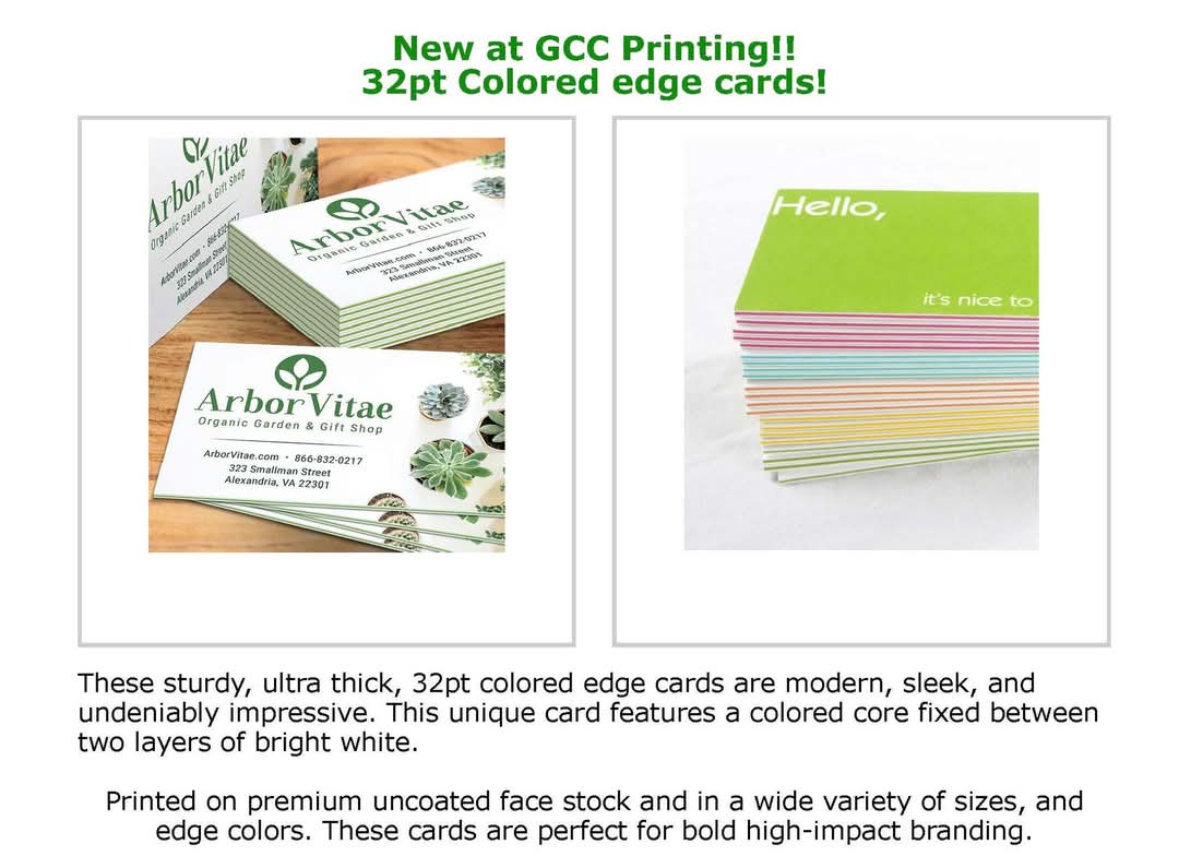 gcc_printing's tweet photo. We offer in-house printing for 32pt. business cards, which can also be used as postcards, handouts, or for various other purposes. You have the option to include a colored insert edge, and custom color combinations are available. https://t.co/Nf7FLinG37