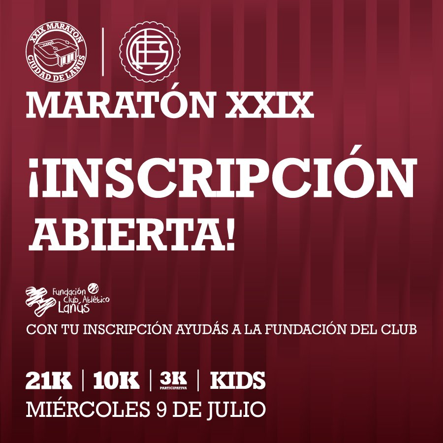 🇱🇻

Vuelve un super clásico:
24° edicion de la carrera de Lanús.

El miercoles 9 de julio se corren 21K, 10K, 3K  y 1K Kids.
 
INSCRIPCIÓN ABIERTA: clublanus.com/maraton 

💪