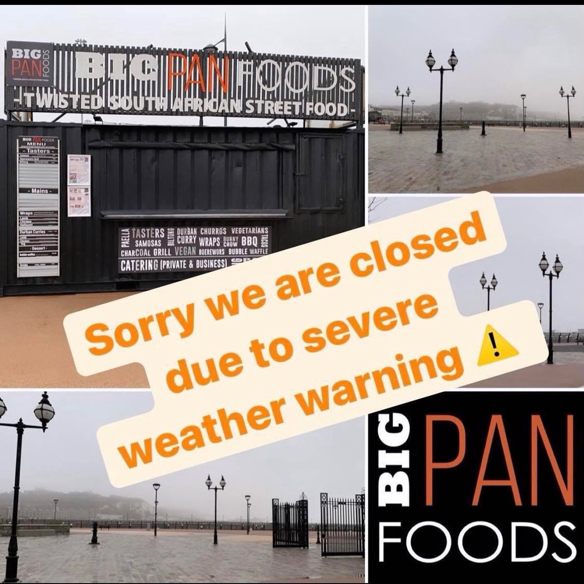 BigPanFoods's tweet photo. Howzit peeps, was looking forward to opening this BH weekend however the weather forecast is unfortunately rain &amp; gusty winds. We apologise for any inconvenience this may have caused for your Bank Holiday weekend plans &amp; look forward to seeing you guys next weekend 😊 https://t.co/LxgKPUZKuS