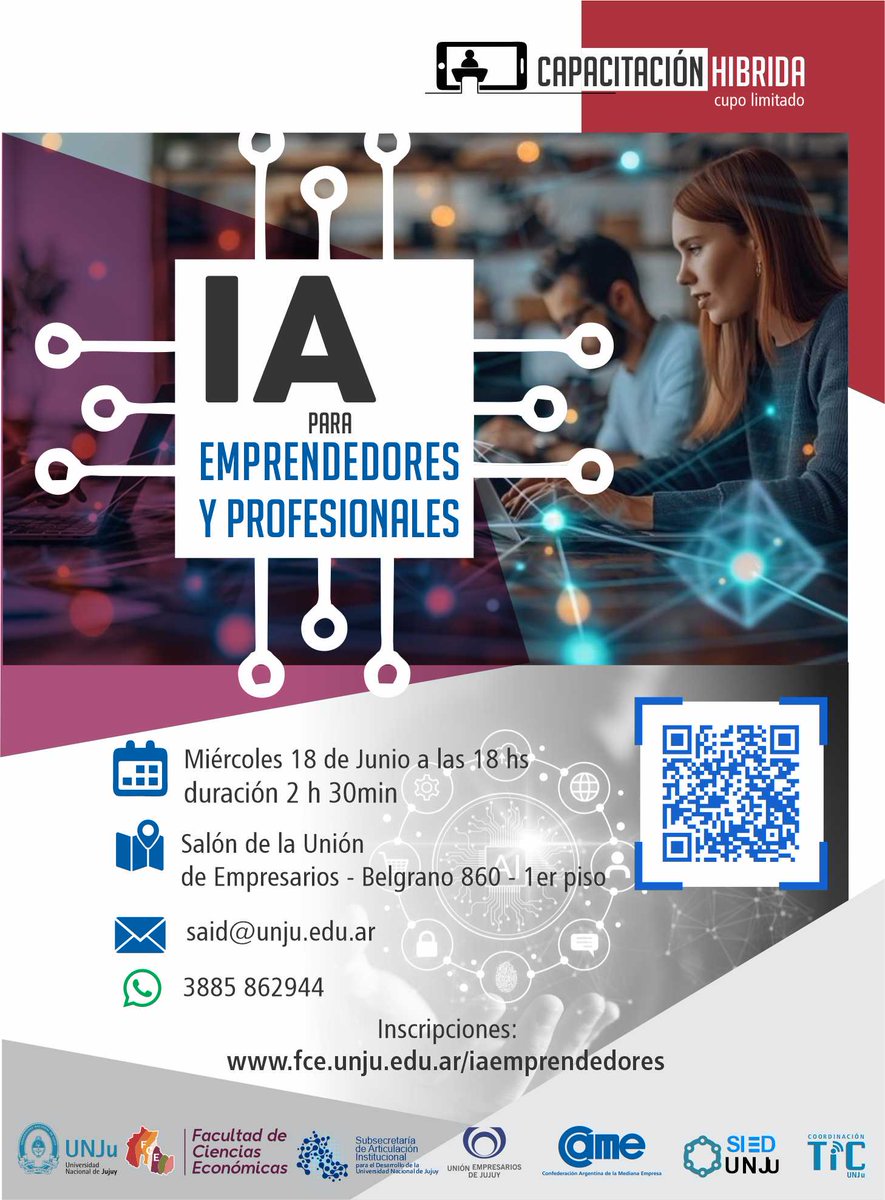 📢 ¡Capacitate en IA para potenciar tu negocio!
📆 18/06 - 18 h | Modalidad híbrida
💡 ChatGPT, IA para imágenes, automatización y +
💰 $10.000 | Cupos presenciales limitados
📝 Inscribite:  fce.unju.edu.ar/iaemprendedores
#IAUNJu #FCEUNJu #Emprendedores #IA