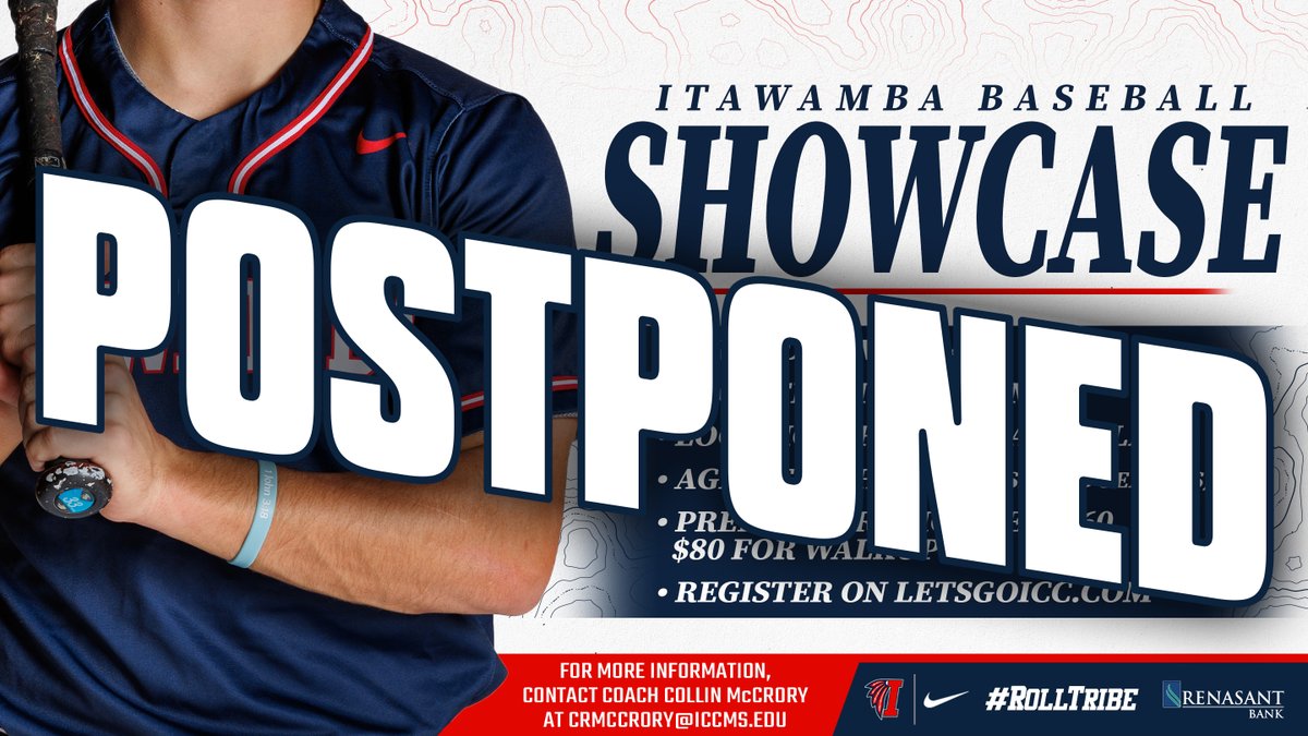 ICC Athletics (@letsgoicc) on Twitter photo 🚨⚾️ Saturday's <a href="/LetsGoICC_BSB/">ICC Baseball</a> Showcase has been postponed; make-up date to be determined. #RollTribe #ICCBSB 🚨⚾️ Saturday's <a href="/LetsGoICC_BSB/">ICC Baseball</a> Showcase has been postponed; make-up date to be determined. #RollTribe #ICCBSB