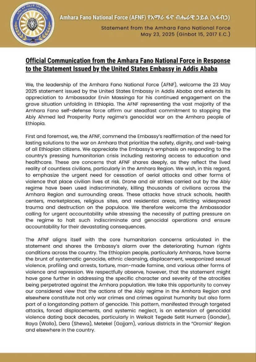 Amharafirst88's tweet photo. AFNF official statement to the US embassy👌
Pee Pee shall not rule over Amhara✊🦅 https://t.co/vl1ihVEirE