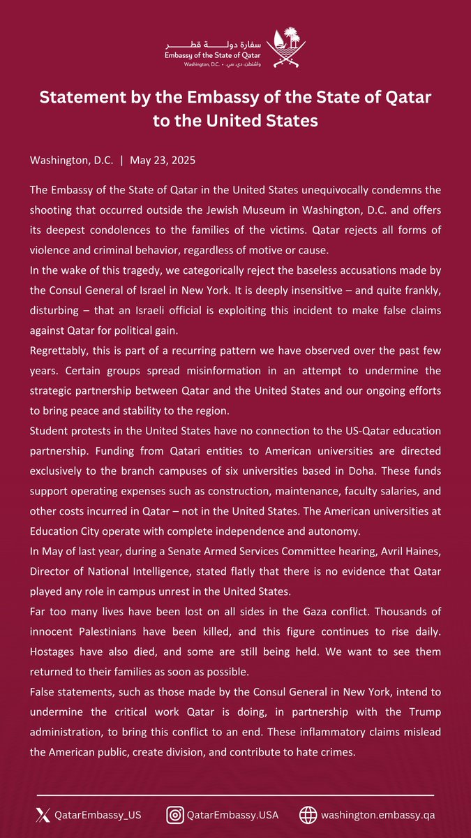 Statement by the Embassy of the State of Qatar to the United States.