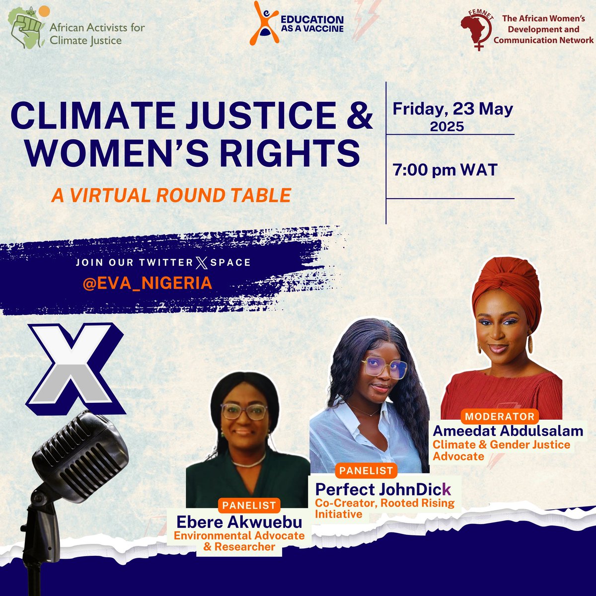 Climate Justice, Women and their Rights. How do we ensure equal participation, leadership and innovative solutions that center equity in role distribution? Our round table discussion unpacks these strategies. Join our X space by 7pm WAT

x.com/i/spaces/1jMJg…

#AACJFSMA