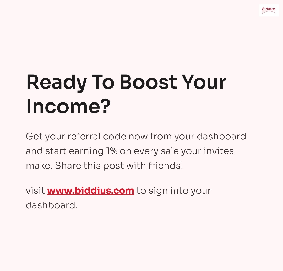 biddius's tweet photo. Turn your network into earnings!

With Biddius, you can now refer friends and earn 1% of every item they sell.

All you need to do:
✅ Get your referral code from your dashboard
✅ Share with friends &amp; family
✅ Earn automatically when they sell https://t.co/SqTrAACuFP