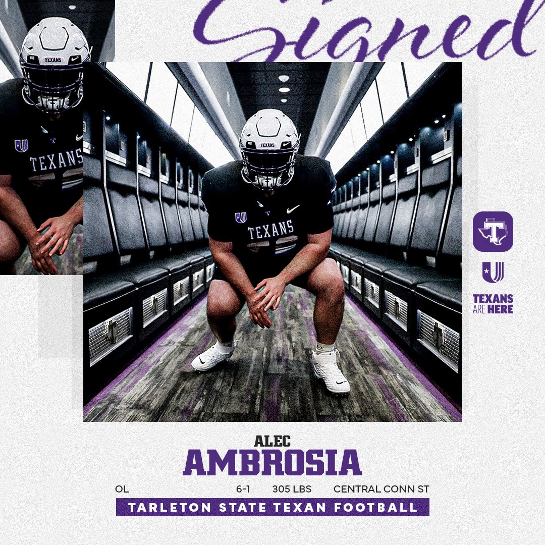 Tarleton State Football (@tarletonfb) on Twitter photo We have 5️⃣ new signees we’d like to announce today, starting with Alec Ambrosia, an offensive lineman fresh off of AP FCS All-American honorable mention honors 🔥
Welcome <a href="/alec_ambrosia72/">Alec Ambrosia</a>!
Story: tinyurl.com/3u5stjfn We have 5️⃣ new signees we’d like to announce today, starting with Alec Ambrosia, an offensive lineman fresh off of AP FCS All-American honorable mention honors 🔥
Welcome <a href="/alec_ambrosia72/">Alec Ambrosia</a>!
Story: tinyurl.com/3u5stjfn