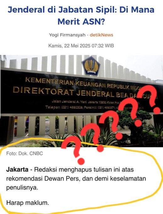 SEREM, ORBA IS BACK!
Penulis  artikel ini minta takedown tulisannya krn diteror &amp; merasa terancam

Pertama diserempet 2 org berboncengan (helm fullface) tak dikenal usai mengantar anaknya

Kedua ditendang sampai jatuh dari motor oleh 2 org tak dikenal dgn motor yg berbeda