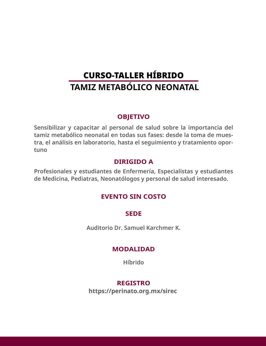 INPer_mx's tweet photo. CURSO-TALLER HÍBRIDO
#TAMIZ METABÓLICO NEONATAL
19 de junio de 2025
DIRIGIDO A
Profesionales y estudiantes de Enfermería, Especialistas y estudiantes de Medicina, Pediatría #Neonatología y personal de salud interesado
EVENTO SIN COSTO
SEDE Auditorio Dr. Samuel Karchmer K. https://t.co/DwEw6mPeNr