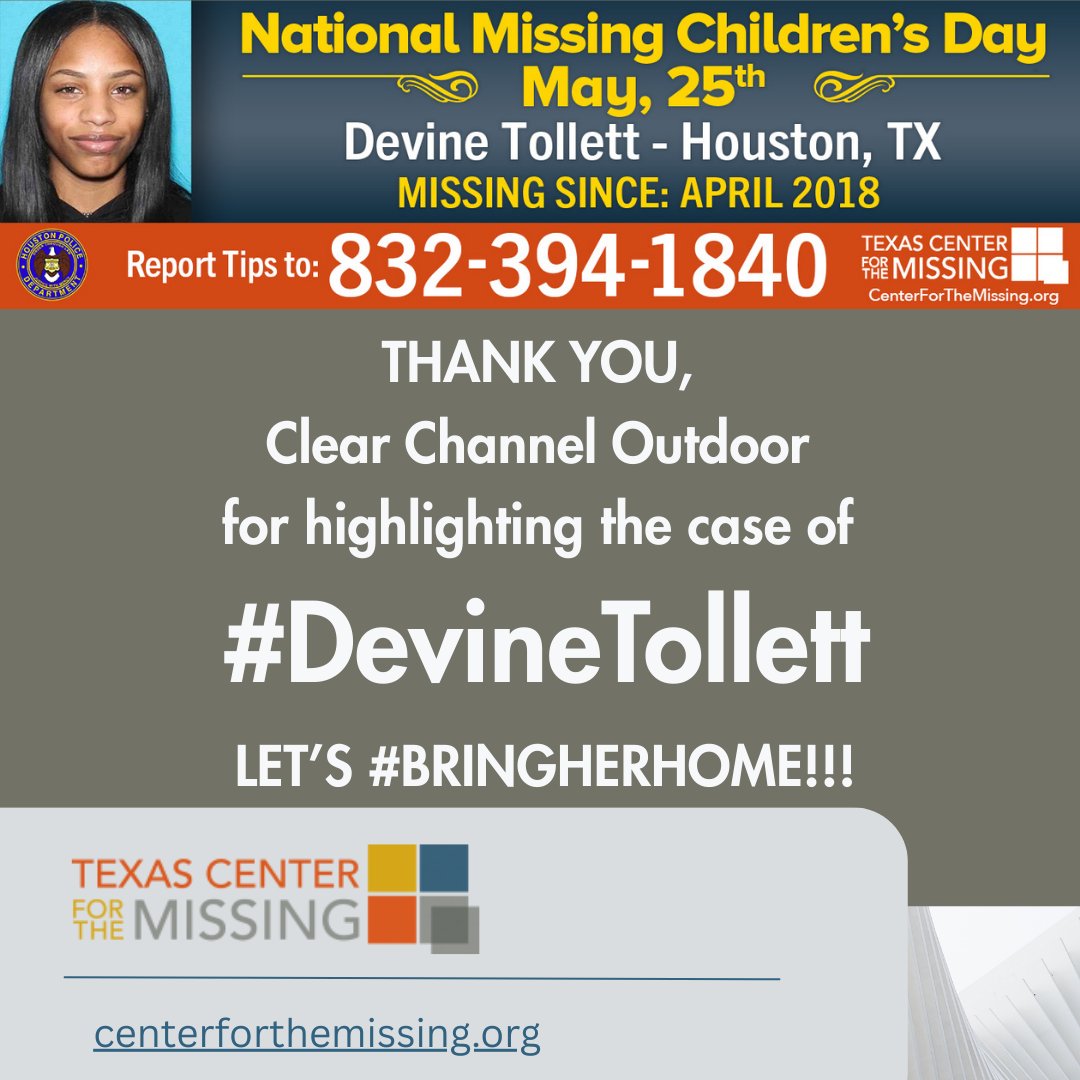TXCenter's tweet photo. Please take a moment to share this digital billboard donated by @ccoutdoorna to commemorate #NMCD in the Month of May.  Let’s #BringHerHome!  #DevineTollett #BringMeHome #BringThemHome https://t.co/lmVO1qr1sh