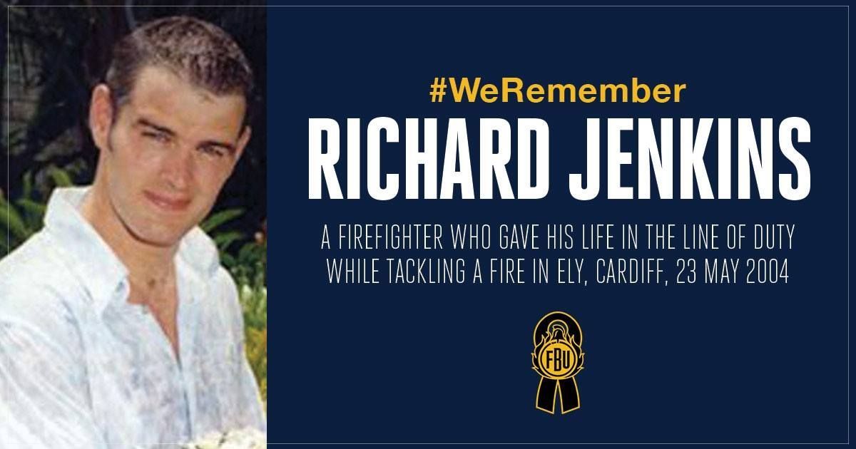 21 years ago today, Richard Jenkins lost his life in the line of duty. 

Richard was the first firefighter to enter a building on fire in Cardiff on Sunday, 23 May 2004. He was caught in an explosion when a gas canister caught fire.

Today, #WeRemember Richard Jenkins.