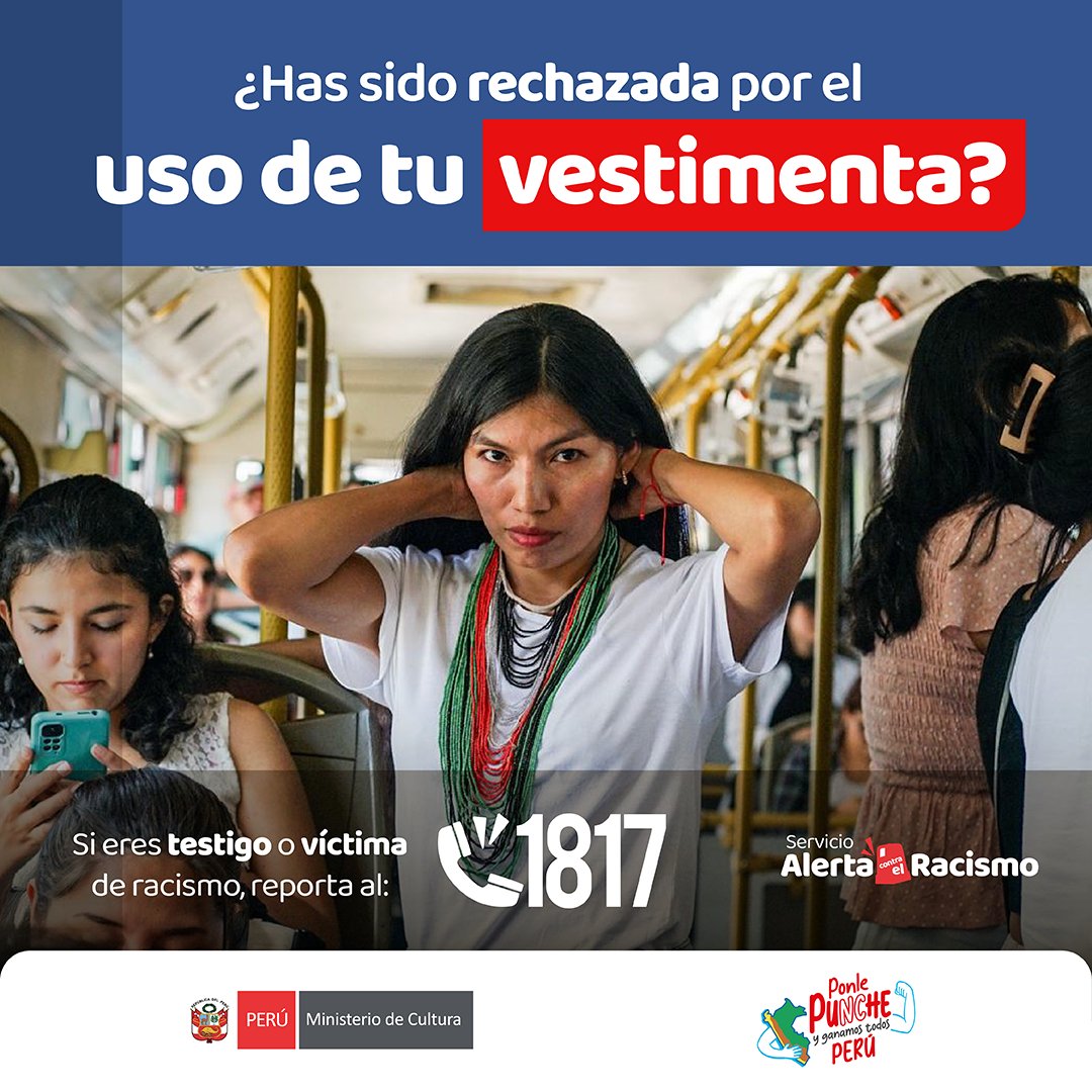 😞Cerca del 60 % de peruanos percibe que la población indígena es discriminada o muy discriminada, siendo una de las principales causas su vestimenta, según una Encuesta del Mincul en el año 2017.

🙋🏽¡No seas cómplice de actos de discriminación! 
🚨#AlertaContraElRacismo