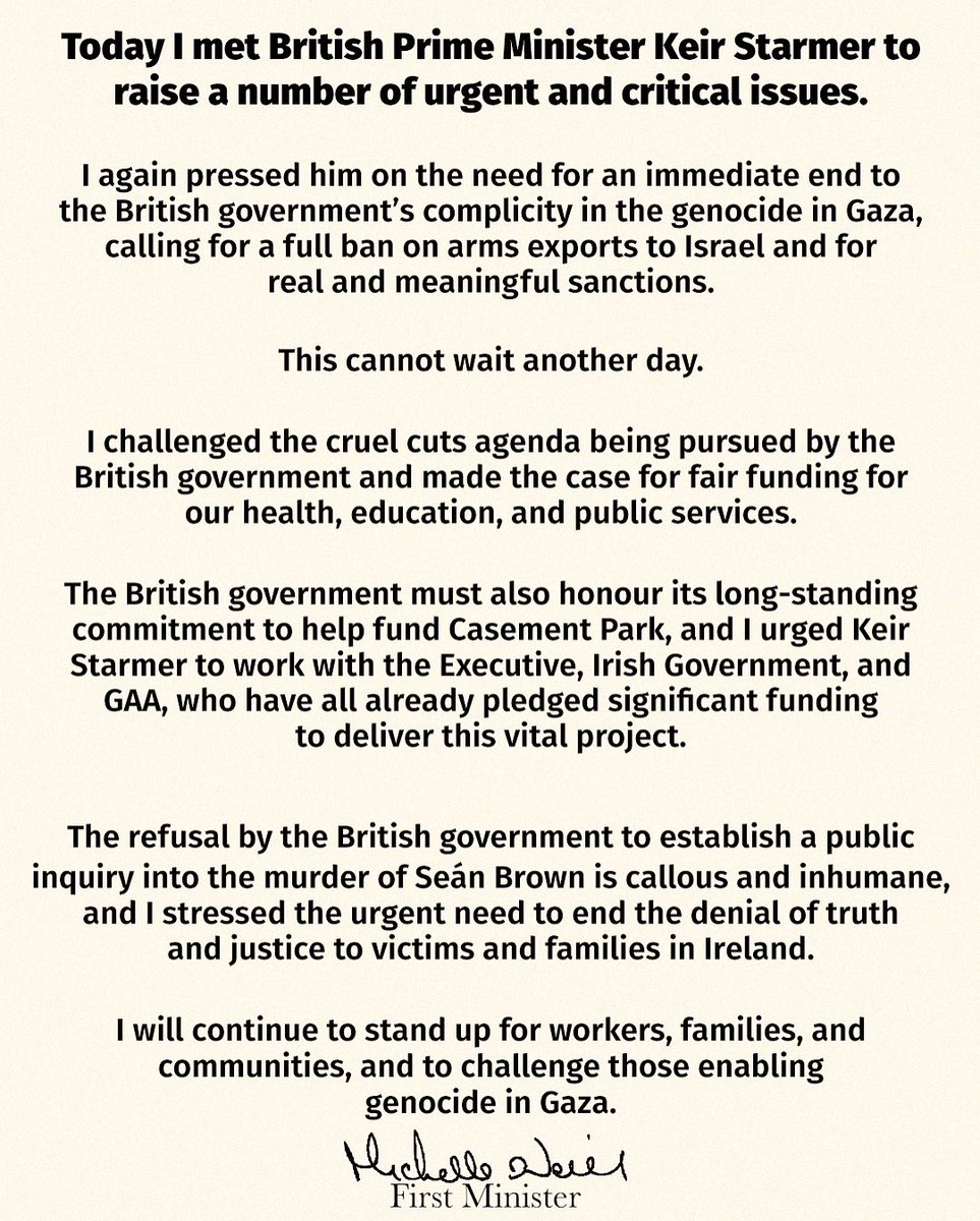 Today I met with British Prime Minister Keir Starmer, and raised a number of criticial issues - including the genocide in Gaza, fair funding for public services, Casement Park, and the Seán Brown case👇🏼