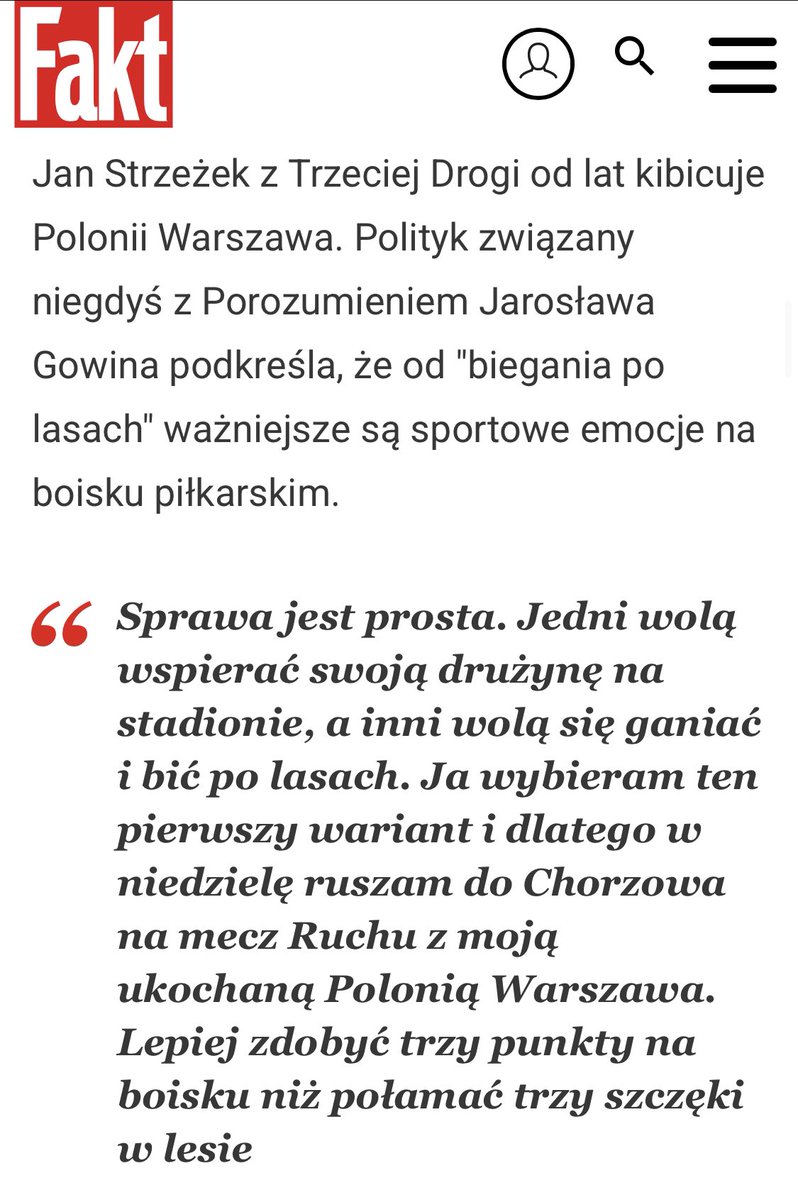 .<a href="/JanStrzezek/">Jan Strzeżek</a> dla <a href="/Fakt_pl/">Fakt</a> : Jedni wolą wspierać swoją drużynę na stadionie, a inni wolą się ganiać i bić po lasach. Lepiej zdobyć trzy punkty na boisku niż połamać trzy szczęki w lesie