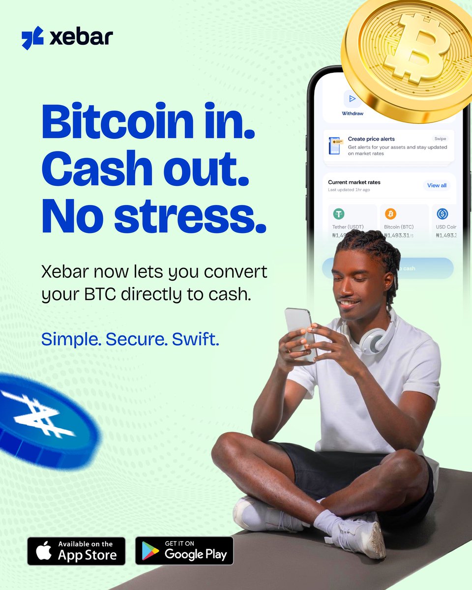 XebarApp's tweet photo. Bitcoin in cash out no stress
With Xebar you can now convert your BTC straight to Naira in just seconds
Simple Secure Swift exactly how crypto should feel
๐ฒ Download Xebar and experience the upgrade
#XebarApp #BitcoinToCash #BTCMadeEasy #CryptoPayouts #NoStressCrypto https://t.co/WOJrXwVUzB