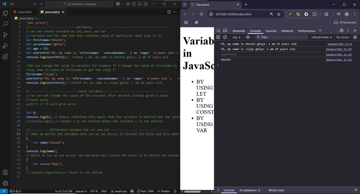 Day 32 of #100DaysOfCode 
Study about Data-Types in JavaScript
How to declare a variable , assign the value &amp; How to access the value of variable by backticks string 
Difference b/w var &amp; let &amp; const
#Web3 #webdevelopment #Connect