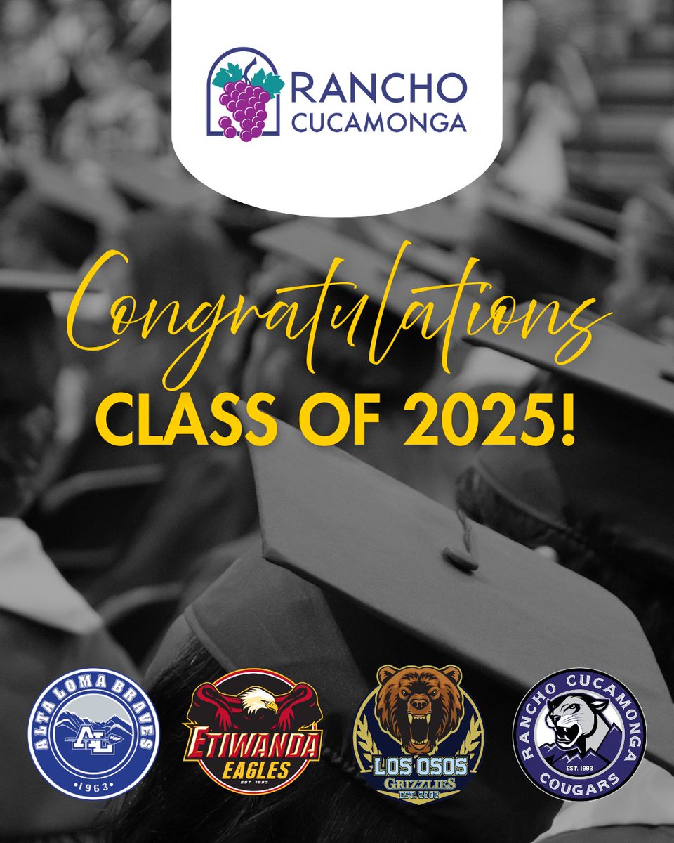 Congratulations, high school grads Class of 2025! ✨

The City of Rancho Cucamonga wishes you all the best as you move on to a new and exciting chapter in your life. You did it! 🎉🎓

#altalomahighschool #etiwandahighschool #ranchocucamongahighschool #losososhighschool