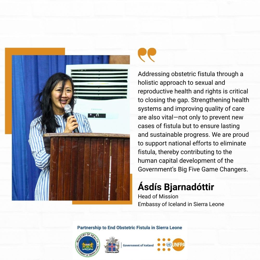 UNFPA Sierra Leone (@unfpasierraleon) on Twitter photo “<a href="/IcelandinSalone/">Iceland in Sierra Leone</a> is proud to be supporting national efforts to eliminate fistula in Sierra Leone.”
— Ásdís Bjarnadóttir
Head of Mission - Embassy of Iceland in Sierra Leone “<a href="/IcelandinSalone/">Iceland in Sierra Leone</a> is proud to be supporting national efforts to eliminate fistula in Sierra Leone.”
— Ásdís Bjarnadóttir
Head of Mission - Embassy of Iceland in Sierra Leone