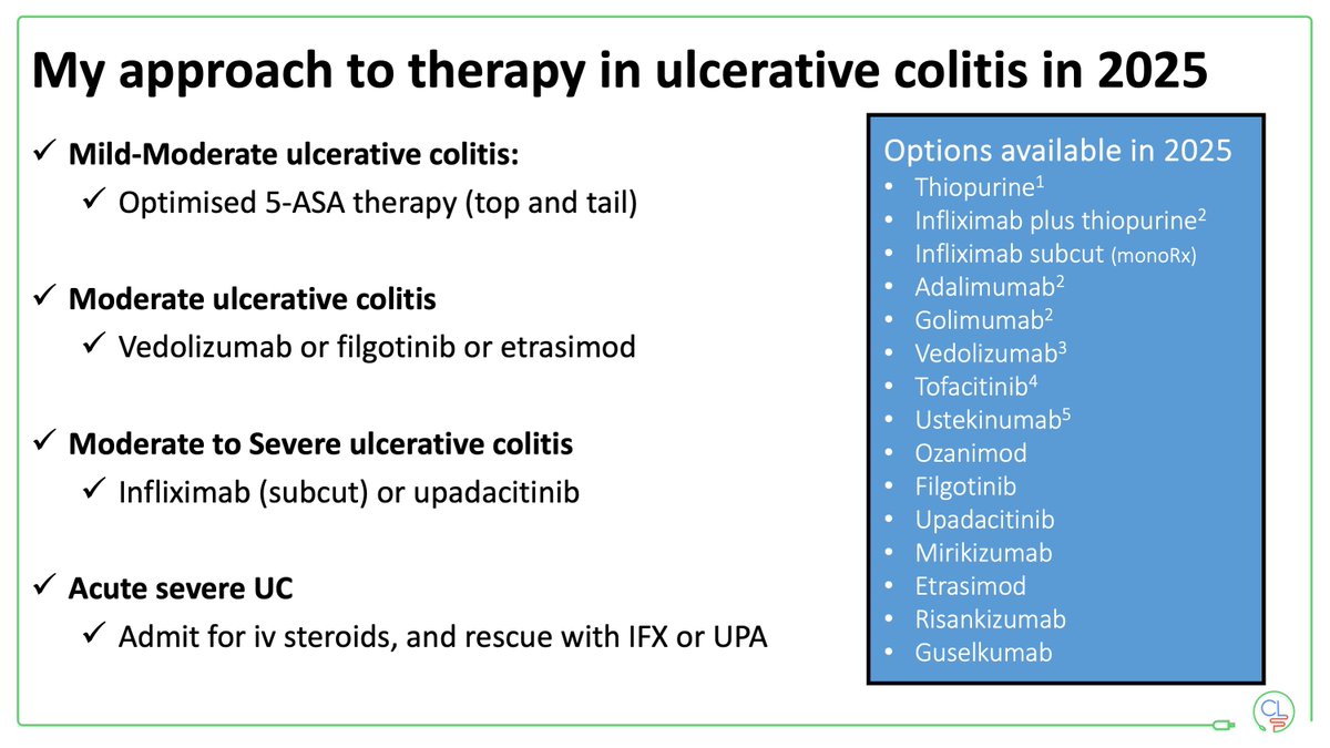 With a dozen advanced therapies on the market, are you confused about treating UC?

When is the right time to start advanced thearpy?
Which is the best drug to use?
What about sequencing?
Can you ever stop?

Different rules from treating Crohn's disease 
 • 5-ASA is the mainstay